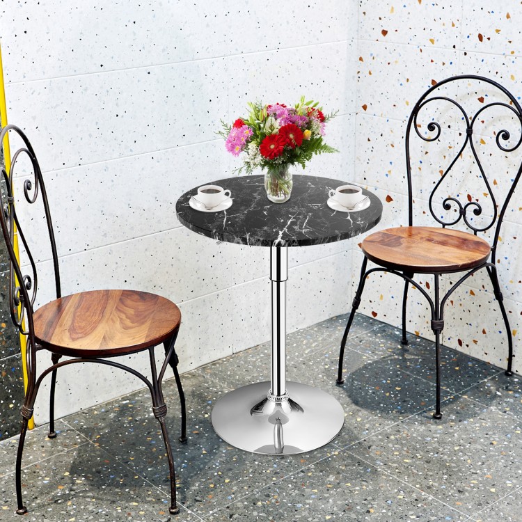 Round height adjustable bistro bar table with faux marble top, 360° swivel, ideal for cafes and dining rooms.