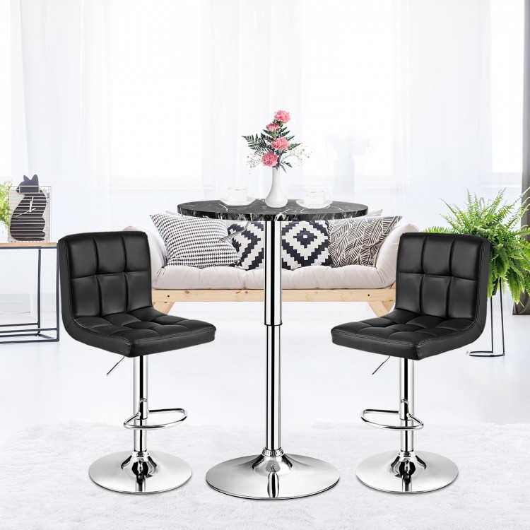 Height adjustable black bistro bar table with faux marble top and chrome base, ideal for dining and casual gatherings.