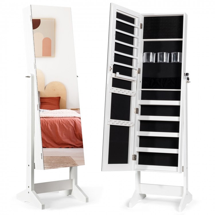 Standing jewelry armoire cabinet in white with full-length mirror, featuring ample storage for earrings, rings, and.
