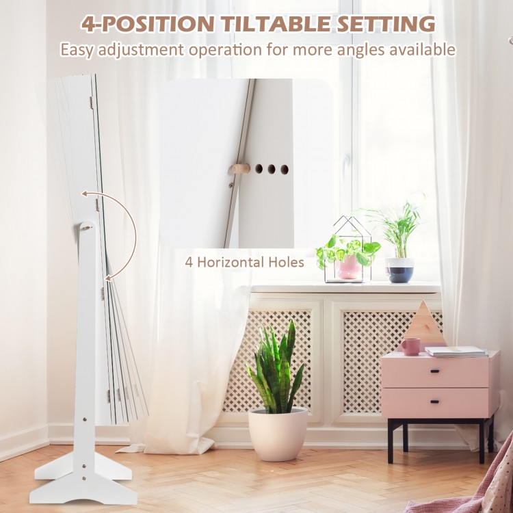Standing jewelry armoire cabinet in white with 4-position tiltable mirror, featuring ample storage for jewelry and.