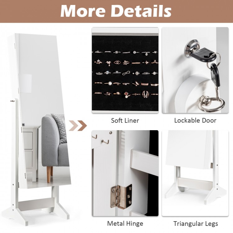 Standing jewelry armoire cabinet in white with full-length mirror, lockable door, and ample storage for jewelry and.