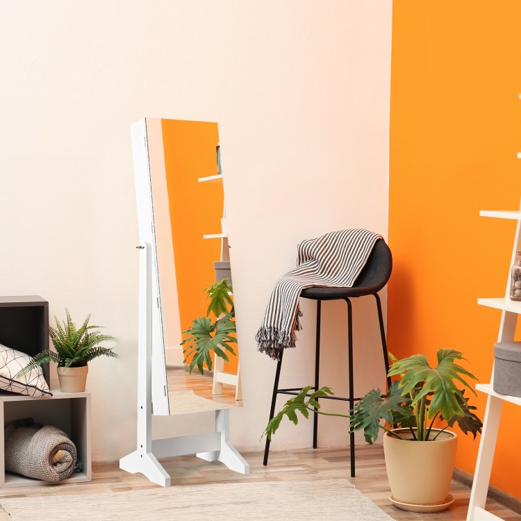 Full-length mirror standing jewelry armoire in white with ample storage for jewelry and cosmetics, perfect for home.
