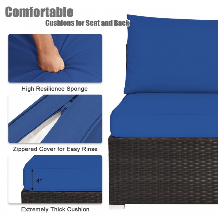 Close-up of thick blue cushion with zippered cover on a rattan sofa from the 6-piece outdoor patio furniture set.