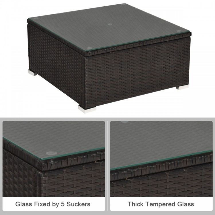 Square coffee table with thick tempered glass top and PE rattan base, ideal for outdoor patio use.