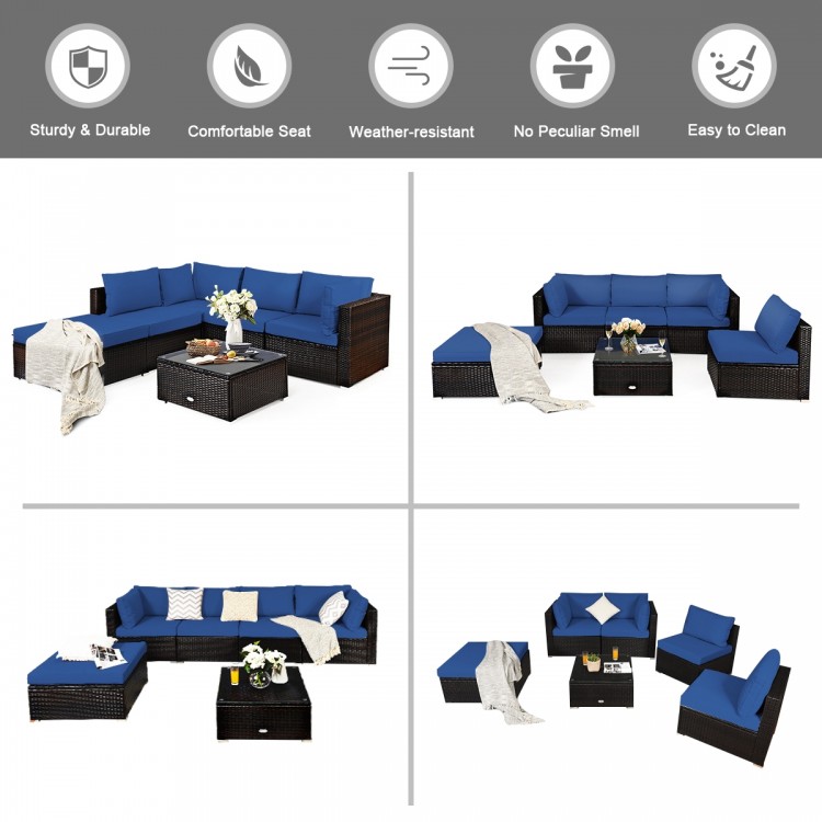 Armless sofa from the 6-piece outdoor patio rattan furniture set, featuring blue cushions for comfortable seating.