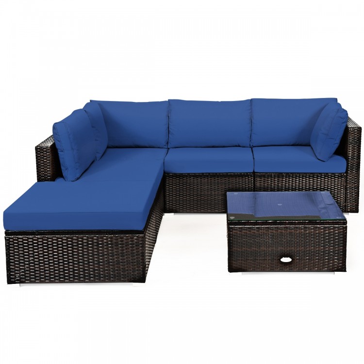 L-shaped 6-piece outdoor patio rattan furniture set with blue cushions, including sofa, ottoman, and coffee table.
