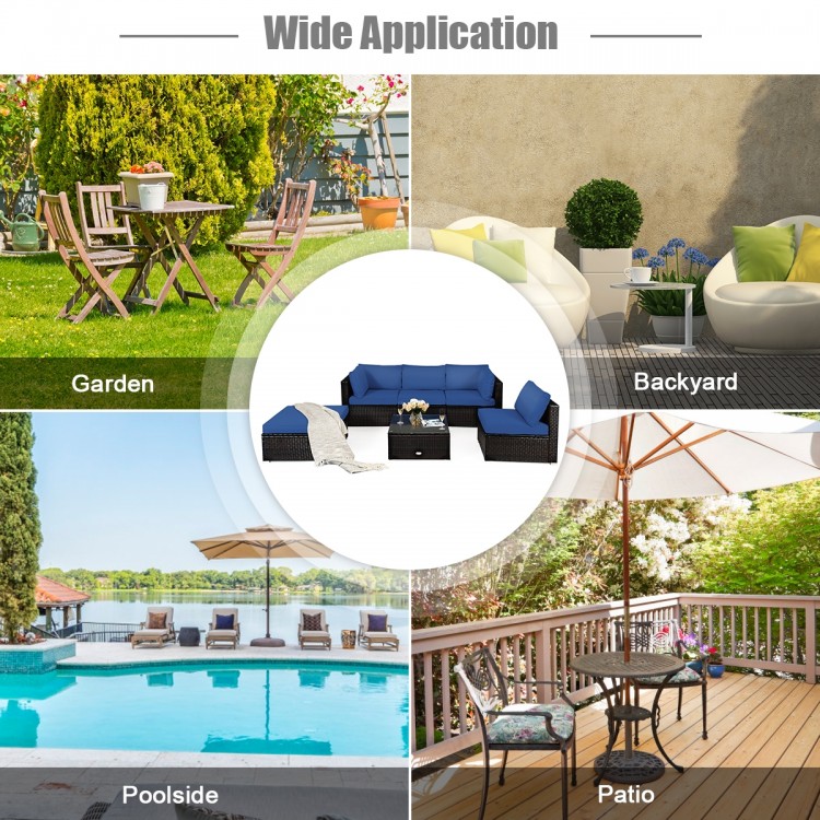 L-shaped 6-piece outdoor patio rattan furniture set with blue cushions, ideal for garden, poolside, or balcony use.