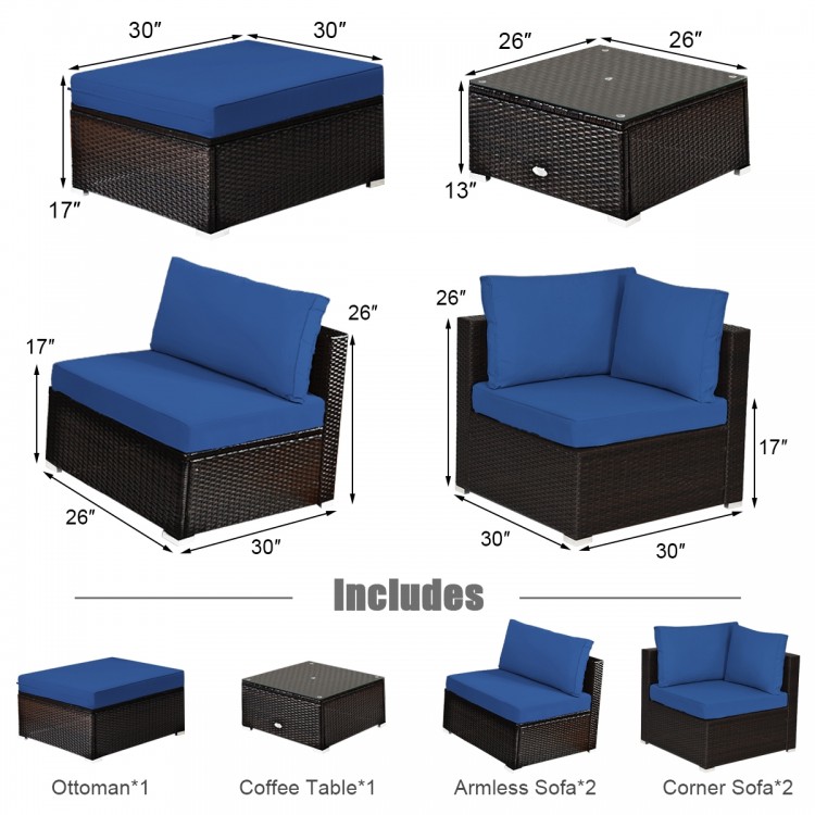 6-piece outdoor patio rattan furniture set with blue cushions, including corner sofas, armless sofas, coffee table, and.
