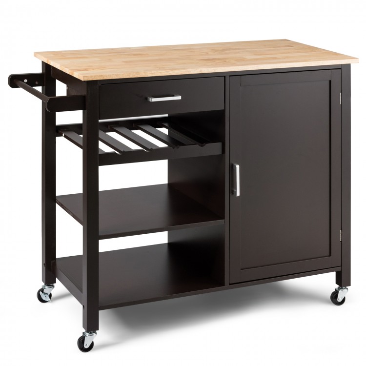 Brown kitchen island cart with rubber wood countertop, one drawer, cabinet, and three open shelves for versatile.