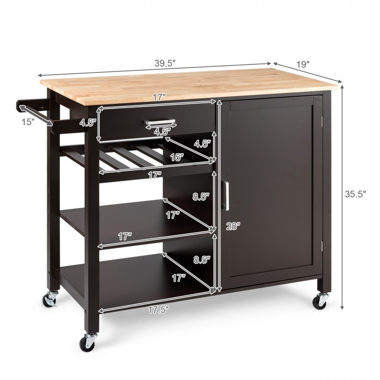 Rolling kitchen island cart with brown wood countertop, cabinet, drawer, and three open shelves for versatile storage.