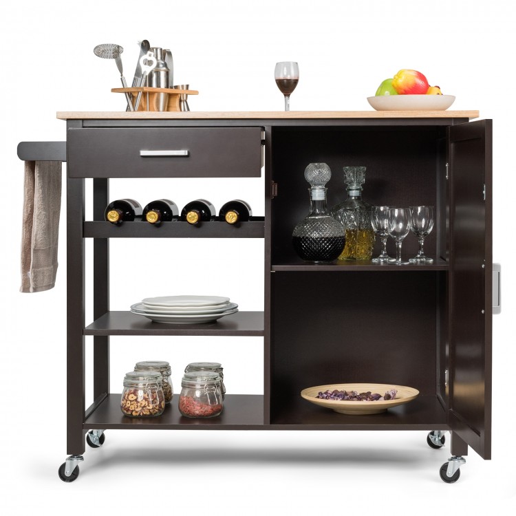 Brown kitchen island cart with rubber wood countertop, one drawer, three open shelves, and towel rack for easy.
