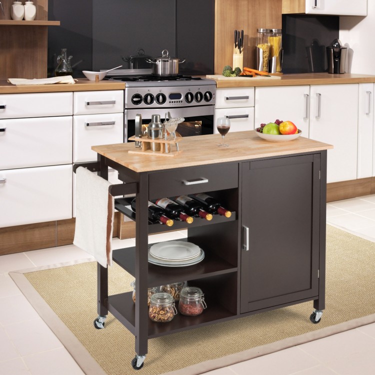 Rolling kitchen island cart with rubber wood countertop, storage drawer, cabinet, and three open shelves for compact.