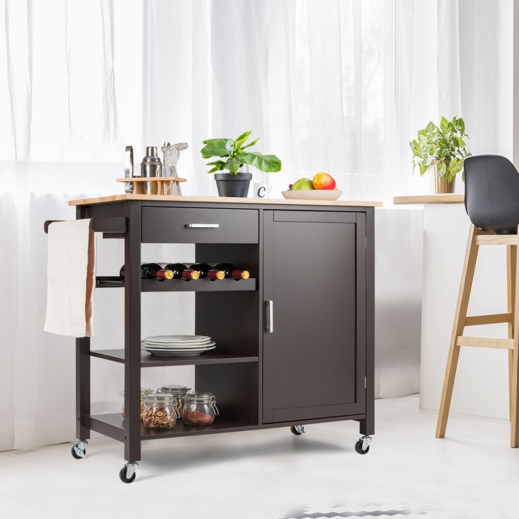 Brown kitchen island cart with rubber wood countertop, drawer, cabinet, and three open shelves on wheels for easy.