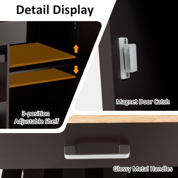 Close-up of the kitchen island cart's adjustable shelf and glossy metal handles for easy access and storage.