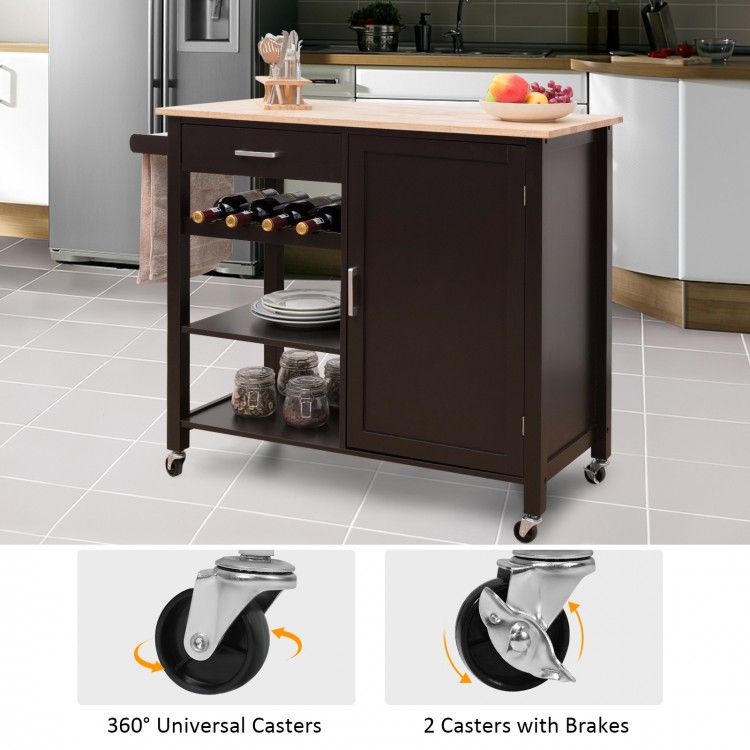Rolling kitchen island cart in brown with rubber wood countertop, storage drawer, cabinet, and three open shelves.