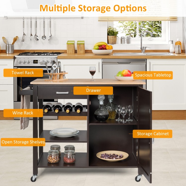 Kitchen island cart in brown with rubber wood countertop, drawer, wine rack, and open shelves for versatile storage.