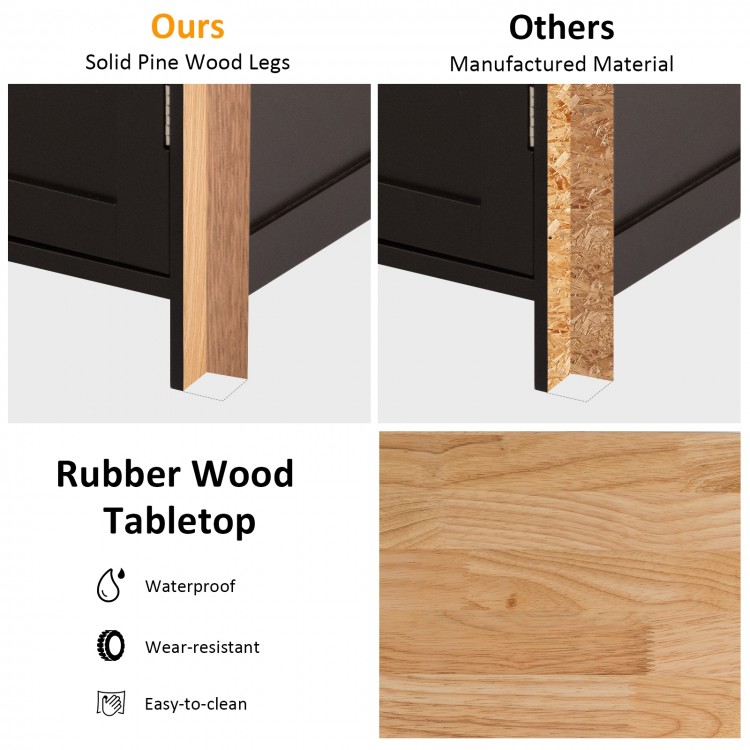 Kitchen island cart with rubber wood tabletop, solid pine legs, and towel rack for easy transport and storage.