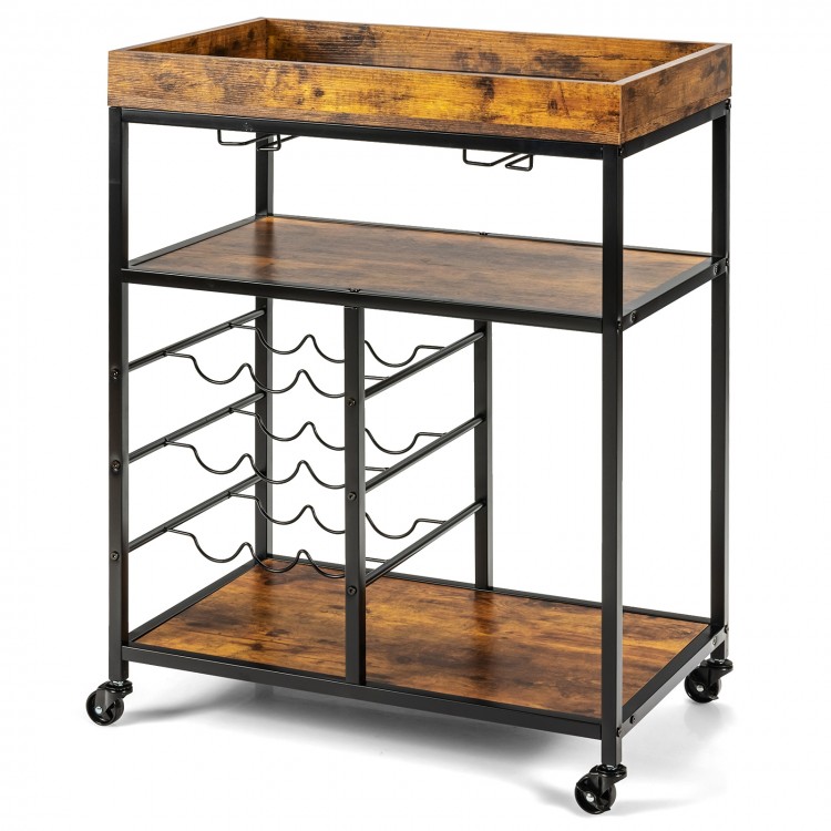 3-tier rustic brown wood rolling kitchen serving cart with wine rack, glass holders, and universal casters for easy.
