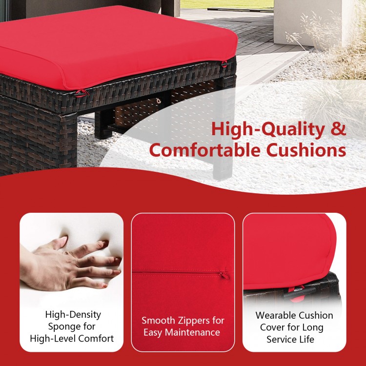Red cushion on a durable patio rattan ottoman, featuring a hidden zipper for easy maintenance and outdoor use.