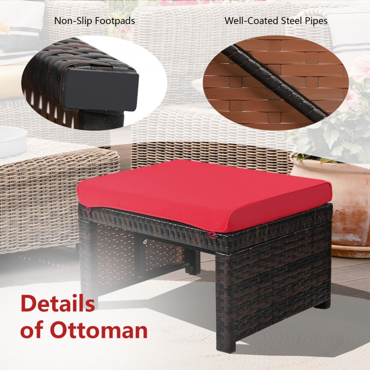 Close-up of a red cushion on a durable patio rattan ottoman with non-slip footpads, ideal for outdoor use.