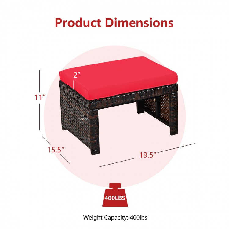 Patio rattan ottoman with red cushion, featuring durable PE rattan, X-frame design, and 400 lbs weight capacity.