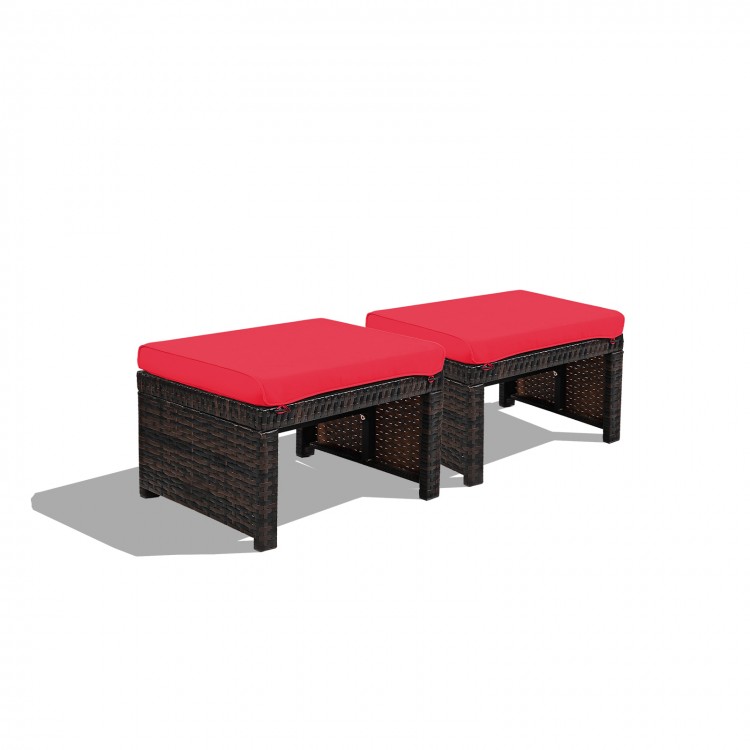 Two patio rattan ottomans with red soft cushions, featuring a durable X-frame design for outdoor use.