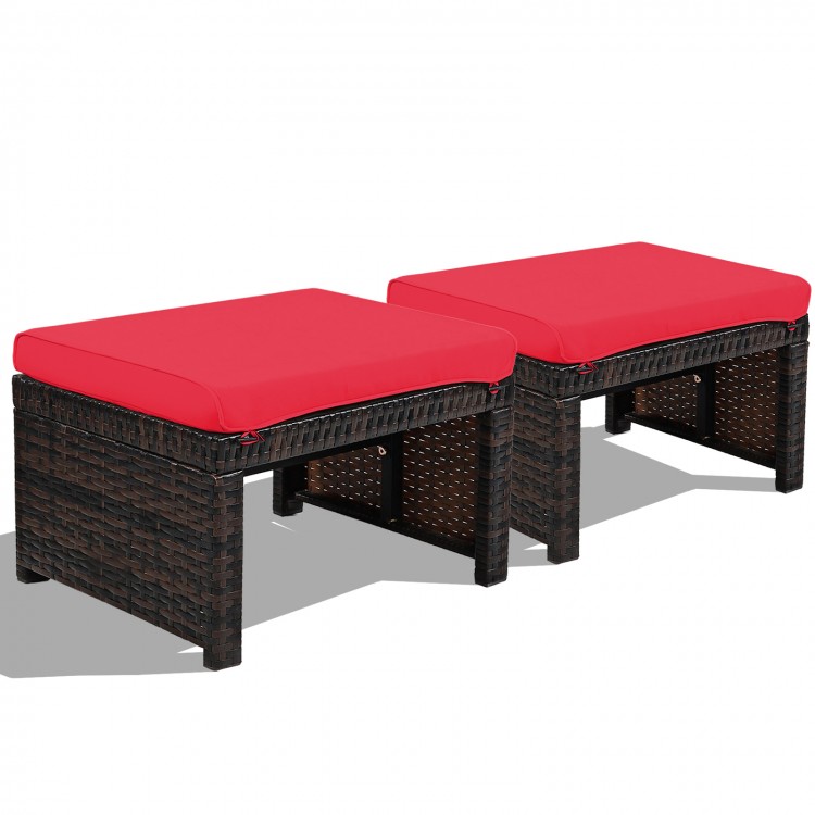 Two red cushion ottomans made of weather-resistant PE rattan, perfect for outdoor patio and garden use.