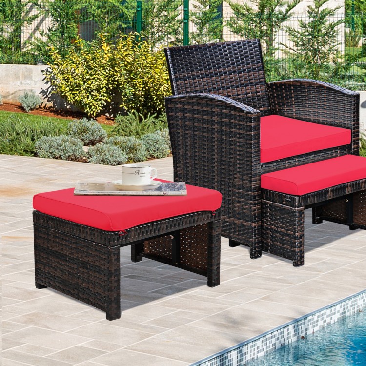 Red cushion patio rattan ottoman with X-frame design, weather-resistant for outdoor use, ideal for garden or poolside.