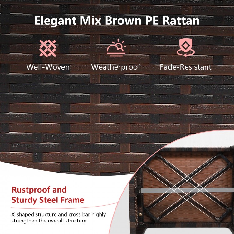 Close-up of weather-resistant PE rattan texture on a patio ottoman with soft cushion, ideal for outdoor use.