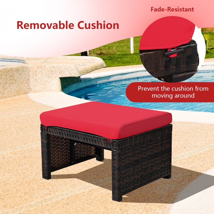 Red removable cushion on a durable patio rattan ottoman, designed for outdoor use and comfort by the poolside.