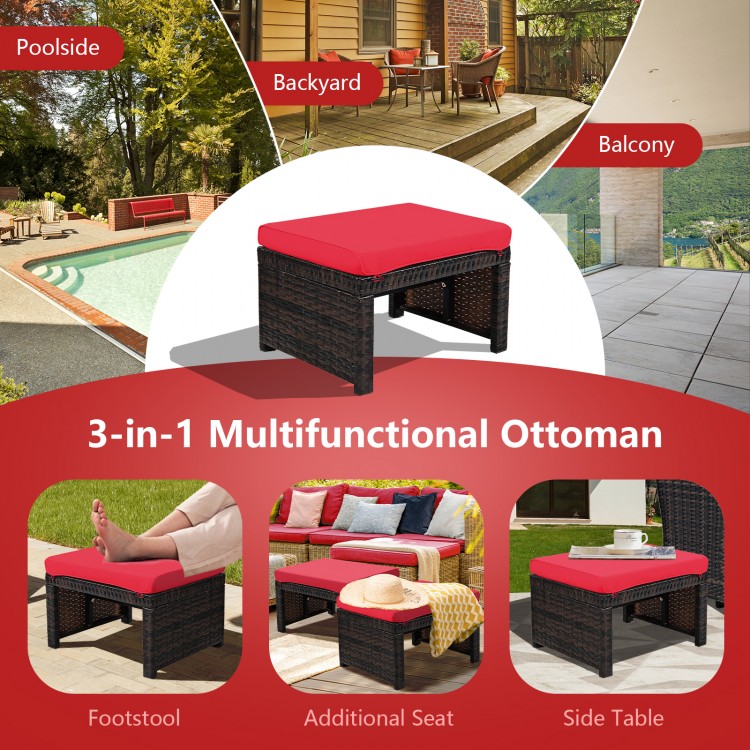 Multifunctional patio ottoman in red with soft cushion, made of weather-resistant PE rattan, ideal for outdoor use.