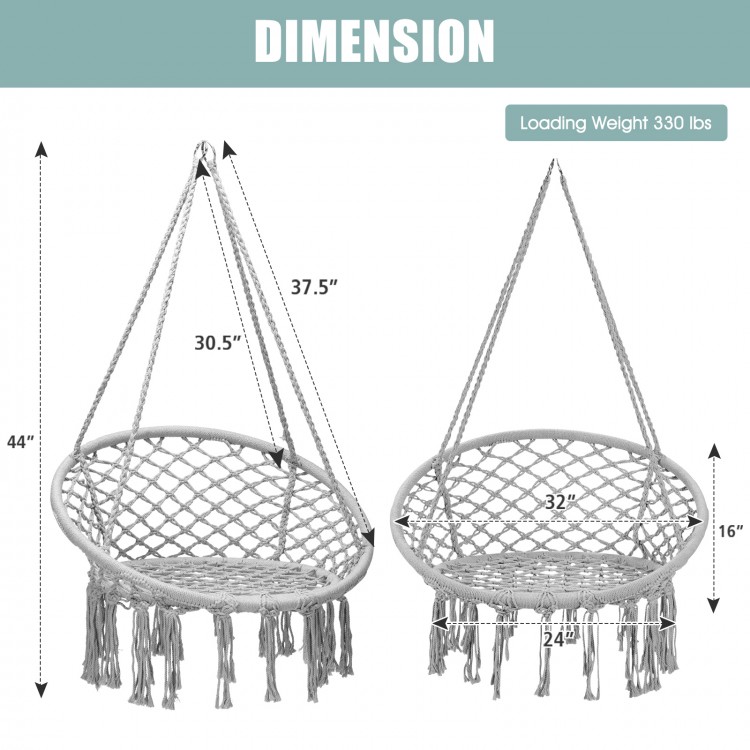 Hanging macrame hammock chair dimensions with gray cotton backrest, supports up to 330 lbs for indoor or outdoor use.
