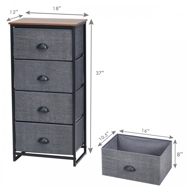 Four-drawer chest storage tower in black with a sturdy steel frame and fabric bins, ideal for organizing any space.
