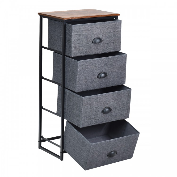 Four-drawer chest storage tower with a black steel frame and fabric bins, ideal for organizing items in any room.