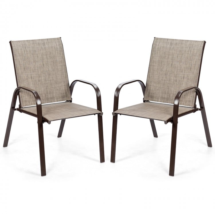 Two gray patio chairs with armrests, featuring a heavy-duty steel frame and breathable fabric, ideal for outdoor dining.