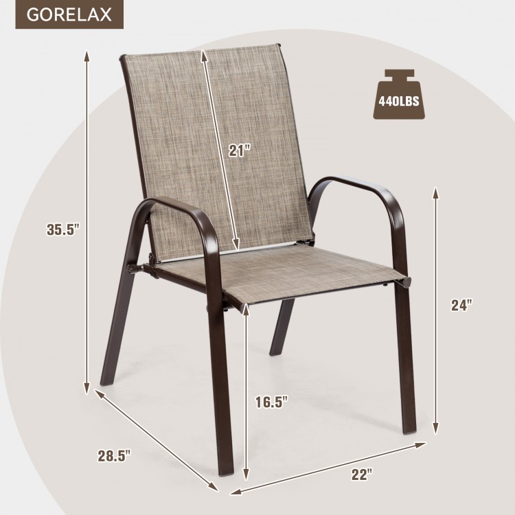 Gray outdoor dining chair with armrests, heavy-duty steel frame, space-saving design, suitable for patio and garden use.