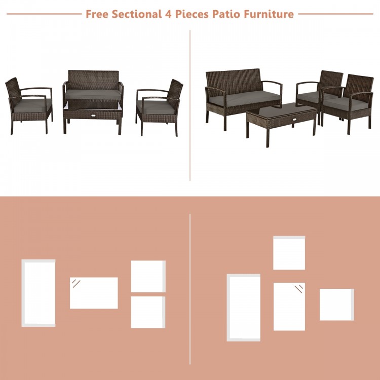 4-piece patio rattan furniture set featuring a loveseat, 2 chairs, and coffee table in brown for outdoor relaxation.