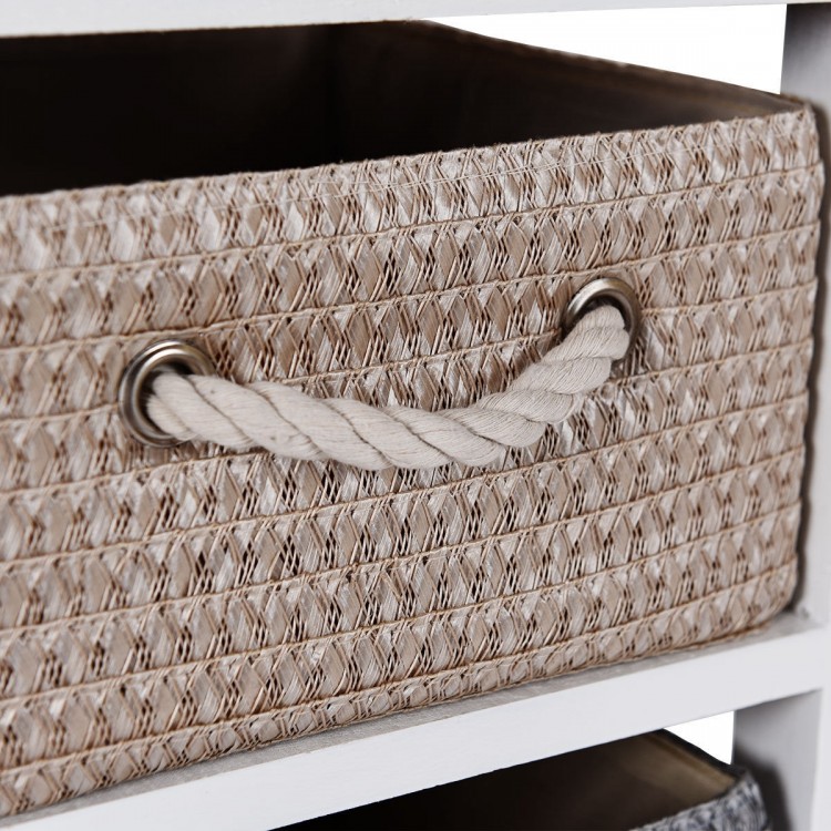 Close-up of a woven basket drawer from a storage drawer nightstand, featuring a sturdy rope handle for easy access.