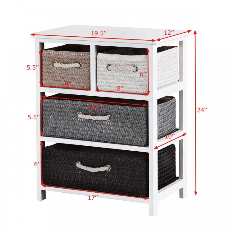 Storage drawer nightstand with four woven baskets, white wood frame, ideal for bedrooms and versatile organization.