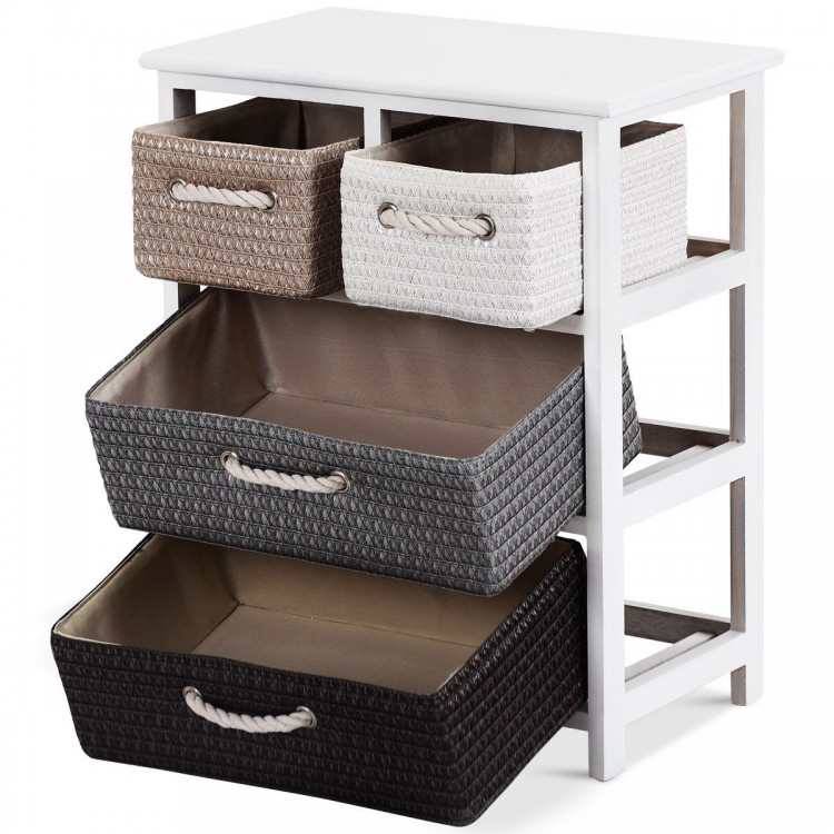 Woven basket cabinet bedside table with four drawers in neutral colors, perfect for stylish organization in any room.