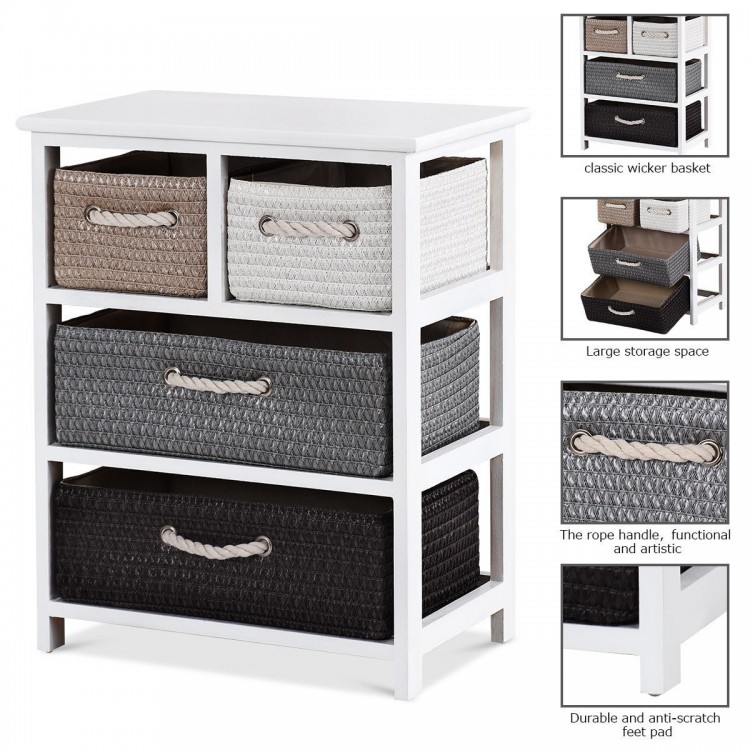 Storage drawer nightstand with four woven baskets in neutral colors, perfect for organizing in bedrooms or entryways.