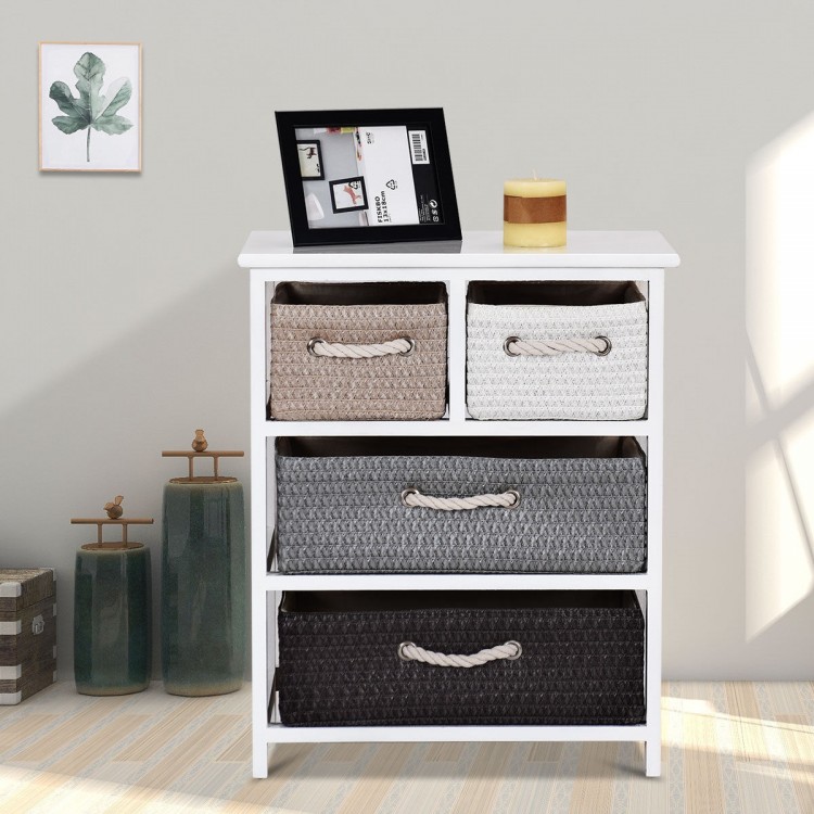 Woven basket cabinet bedside table with four drawers and spacious top, ideal for stylish storage in any room.