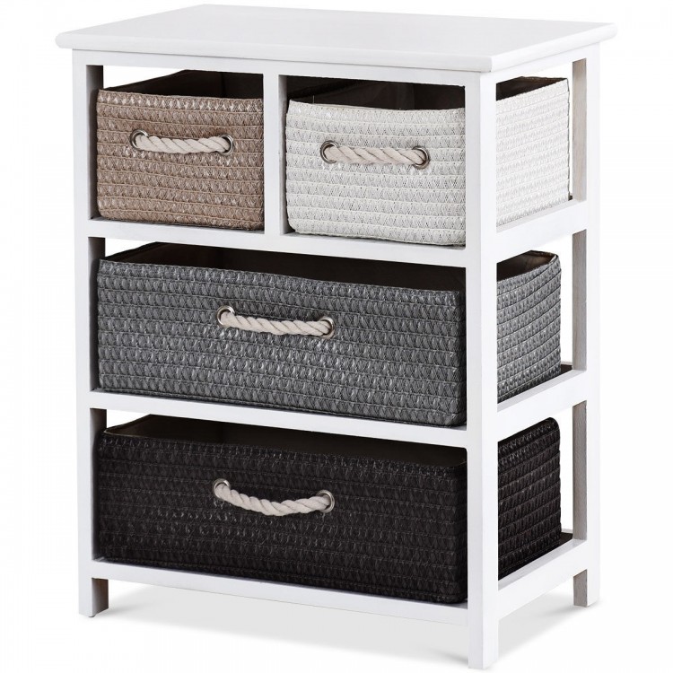 Woven basket cabinet bedside table with four drawers, crafted from wood, ideal for stylish storage in any room.