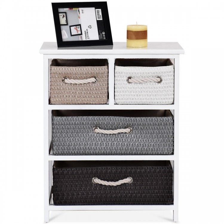 Woven basket nightstand with four drawers and spacious top, ideal for bedrooms and versatile storage solutions.