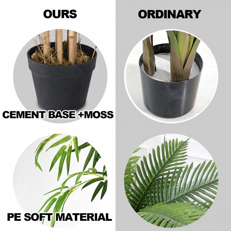 5-feet artificial bamboo silk tree with cement base and moss, featuring adjustable branches and realistic polyester.