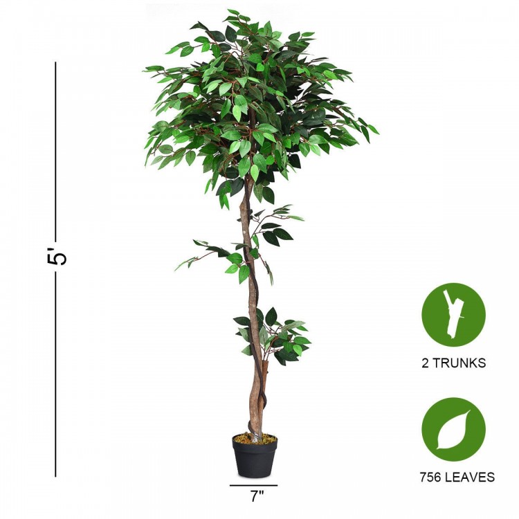 5.5-foot artificial ficus tree with 2 trunks and 756 leaves in a black pot, perfect for home or office decor.