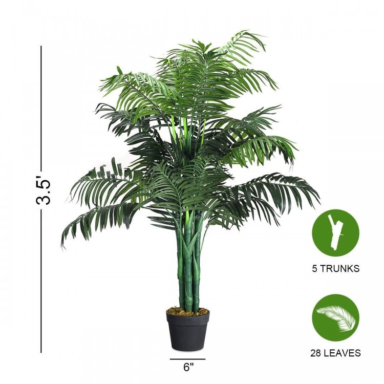 3.5 feet artificial Areca palm tree with 5 trunks and 28 leaves, perfect for home or office decoration.