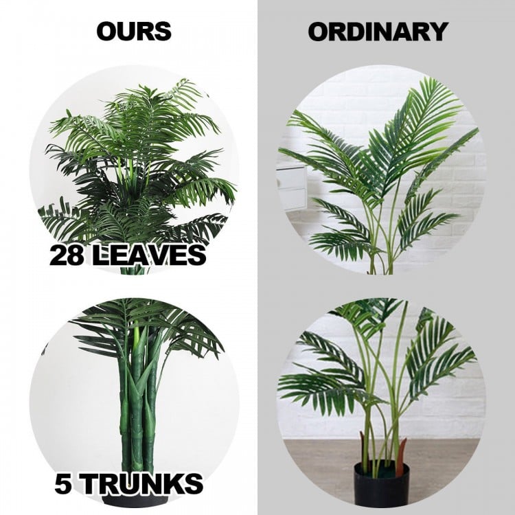 3.5 feet artificial Areca palm tree with 5 trunks and 28 leaves, perfect for home or office decor, no maintenance.