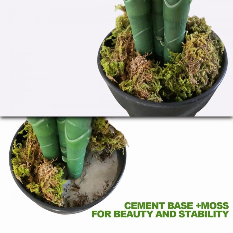 Close-up of the cement base and moss of a 3.5' artificial Areca palm tree, enhancing stability and beauty for indoor.