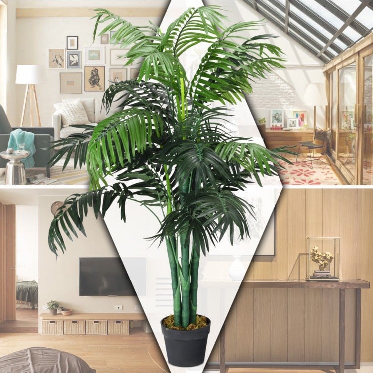 3.5 feet artificial Areca palm tree with realistic leaves in a black pot, perfect for home or office decoration.